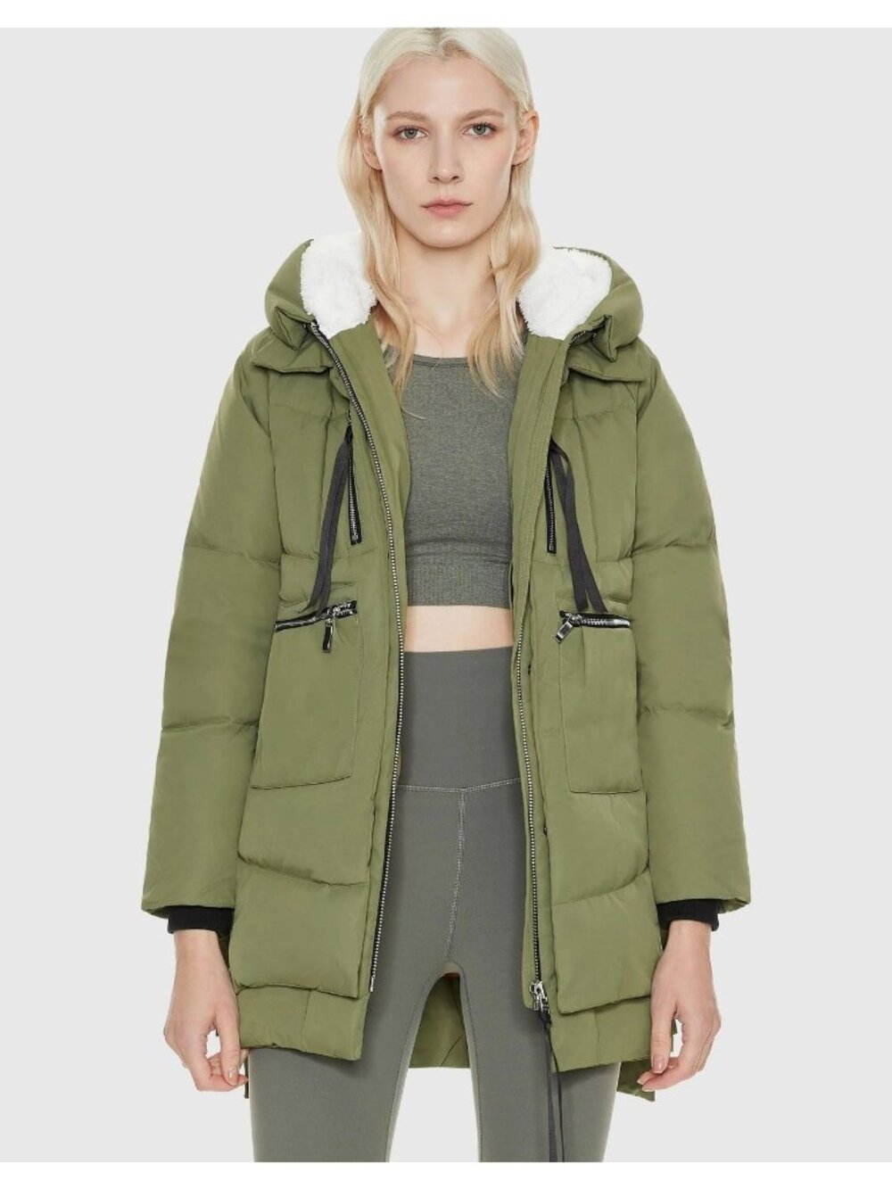 Orolay Coat XS Olive Green Thickened Down Jacket Sherpa Hood Puffer Parka Warm